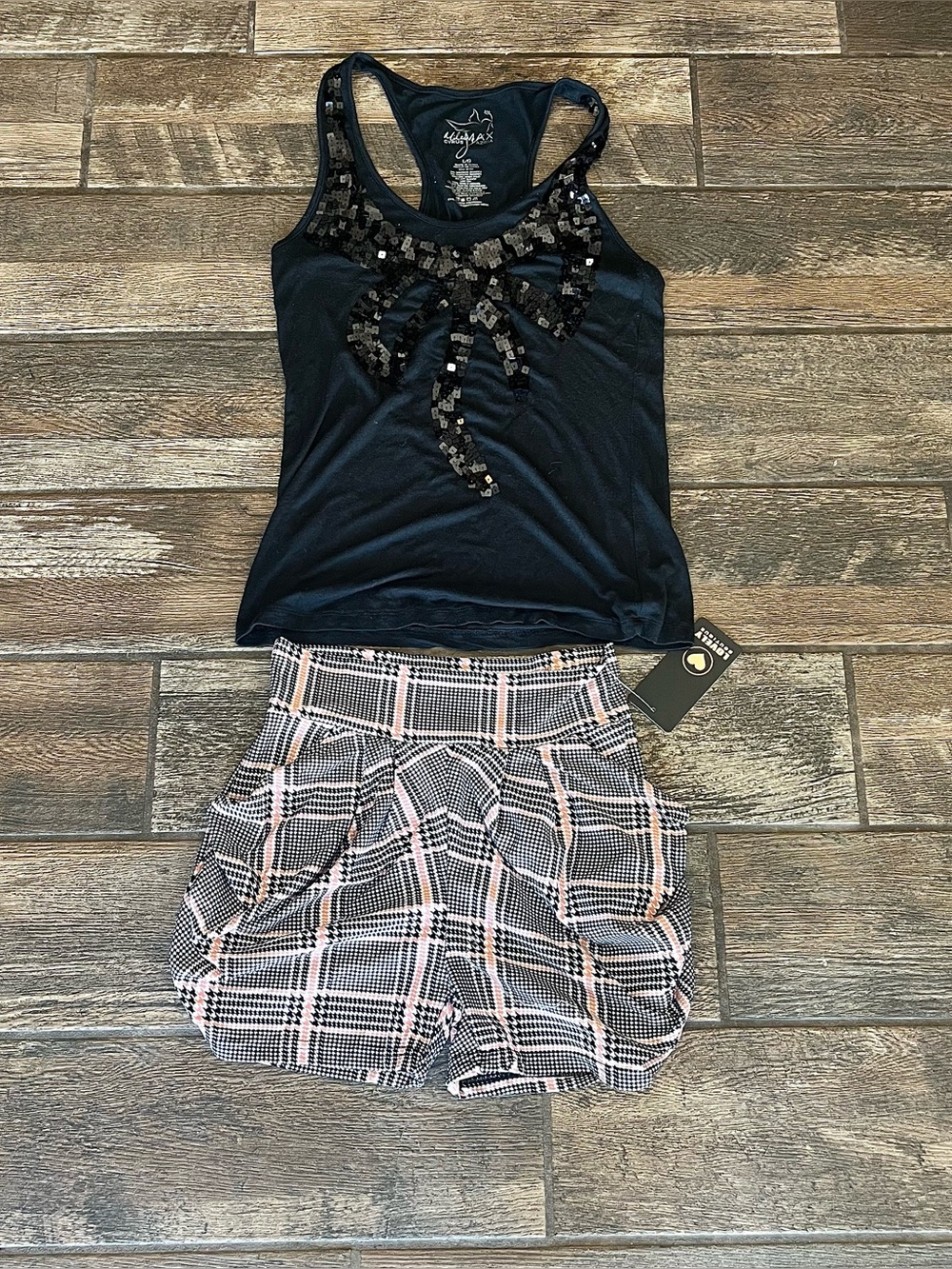 Lovely Boutique stretchy Harem shorts S/M & Miley Cyrus sequin bow tank top L